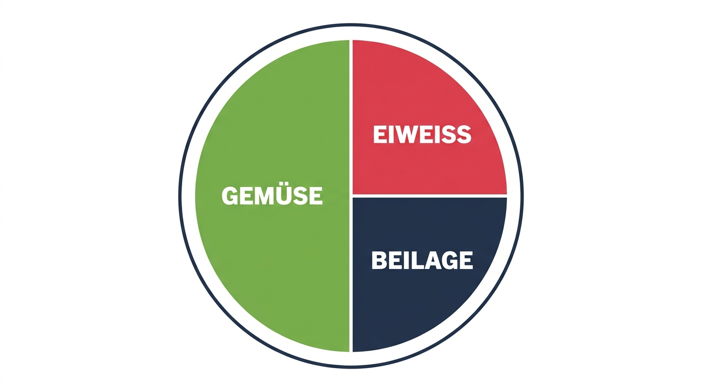 Grafik eines Tellers zur Hälfte mit Gemüse, je ein Viertel Eiweiß und Beilage