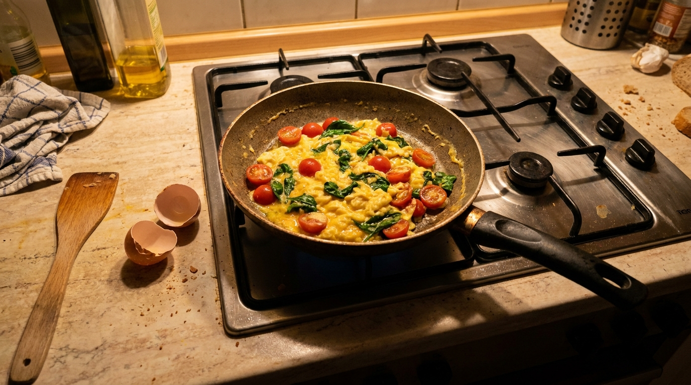 Rührei mit frischem Spinat und Kirschtomaten in einer Pfanne auf dem Herd