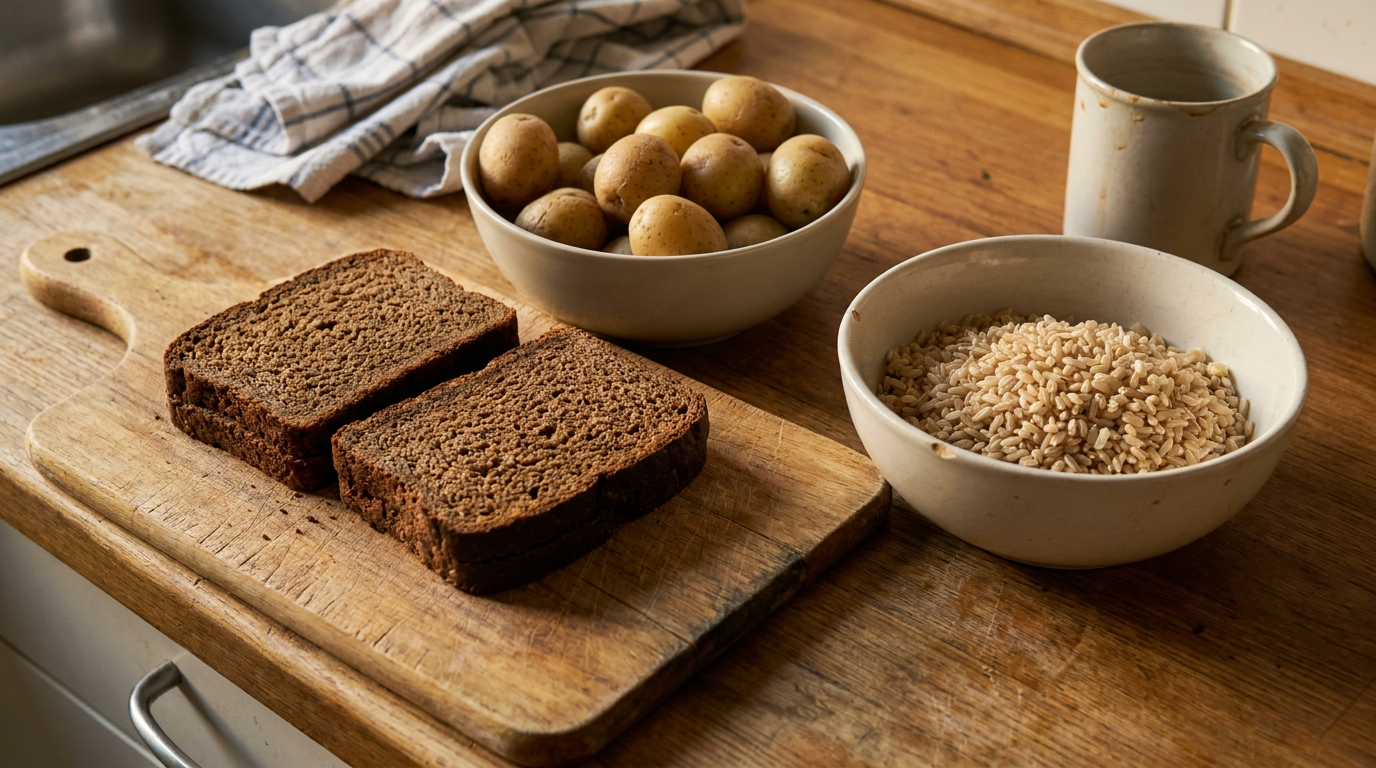 Vollkornbrot, gekochte Kartoffeln und Naturreis nebeneinander auf einem Holzbrett