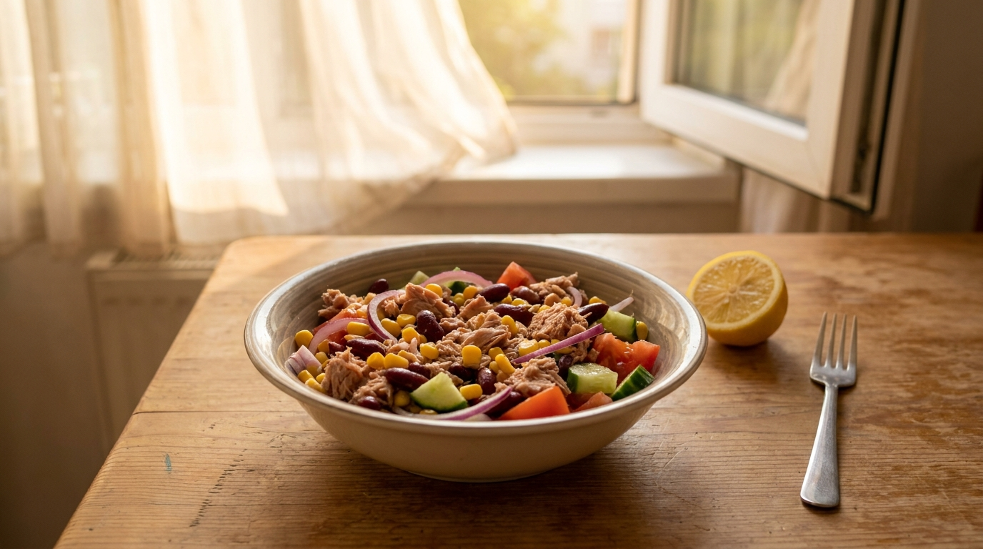 Schüssel Thunfischsalat mit Kidneybohnen, Mais, roten Zwiebeln und Tomate am offenen Fenster