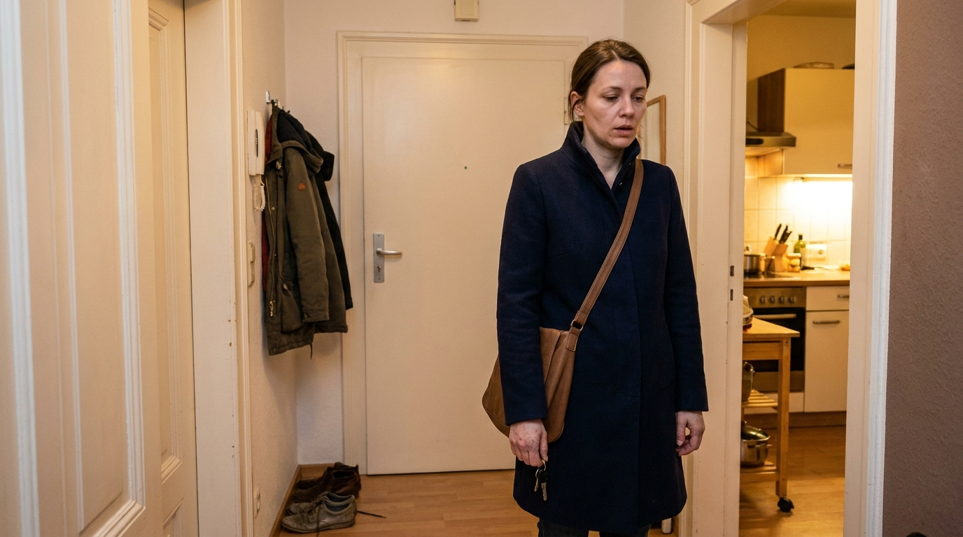Erschöpfte Frau kommt nach Feierabend mit Jacke und Tasche in ihre Wohnung
