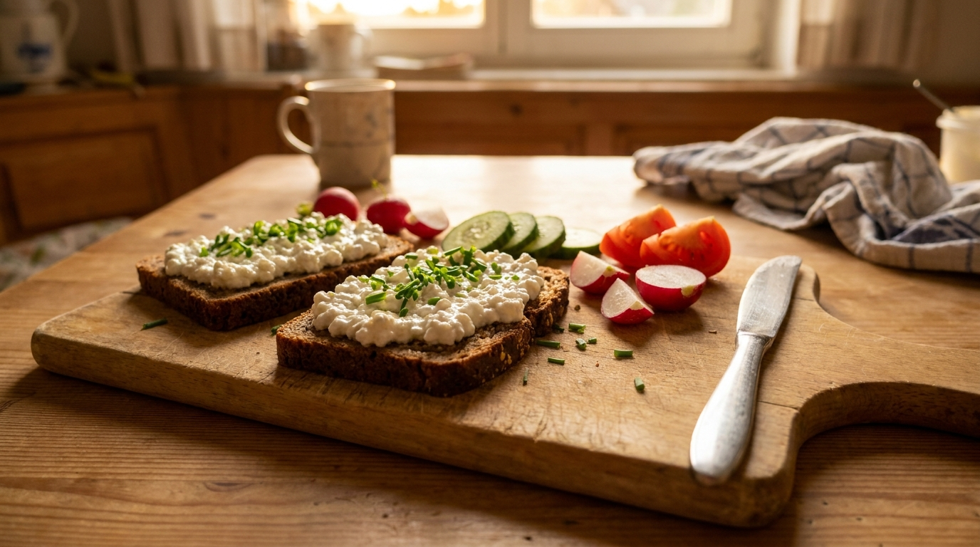 Kaltes Abendbrot mit Vollkornbrot, Hüttenkäse, Radieschen und Gurkenscheiben