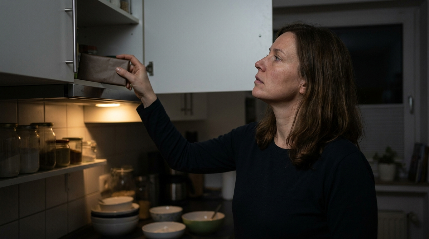 Frau steht abends im Halbdunkel vor dem offenen Küchenschrank und greift nach einer Tafel Schokolade