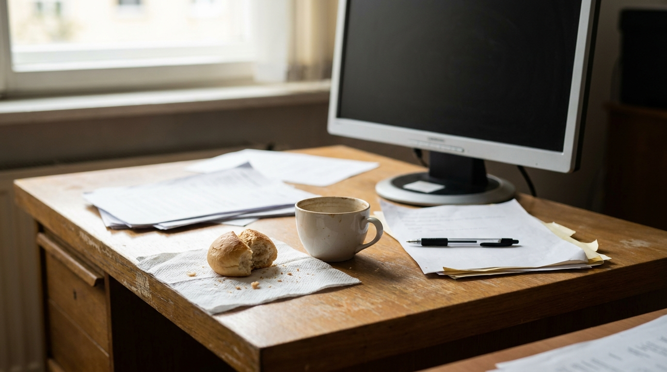 Schreibtisch am Nachmittag mit leerem Kaffeebecher und einem halb gegessenen Brötchen