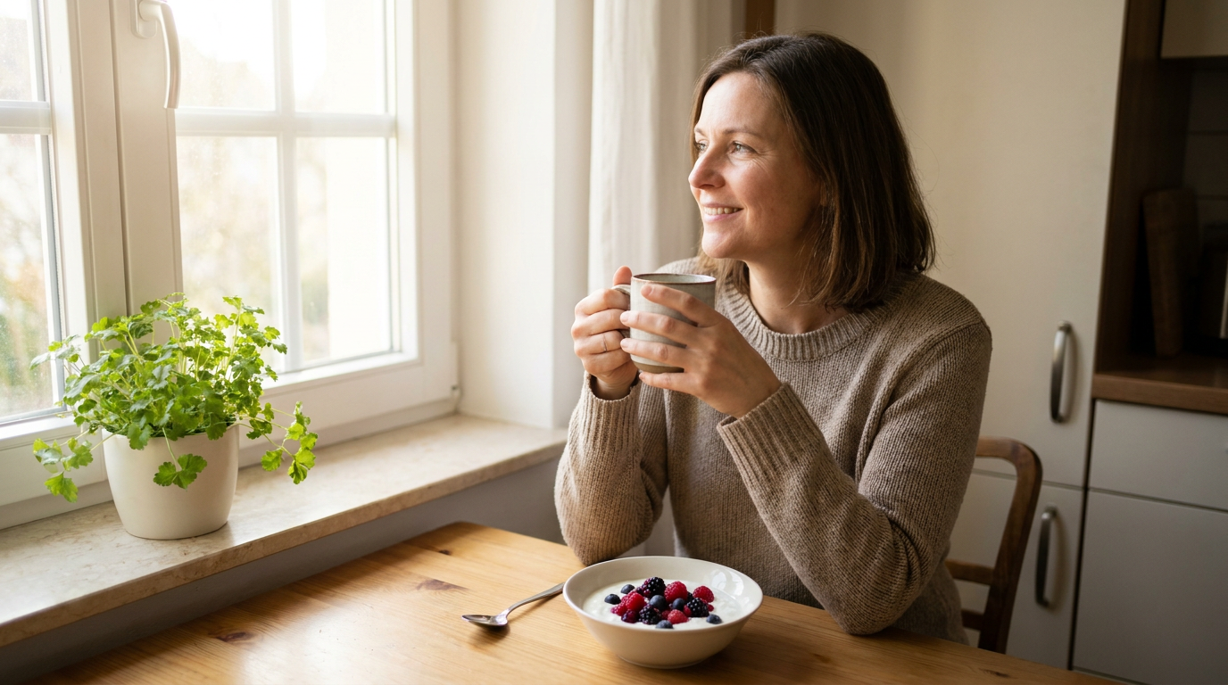 Frau sitzt morgens entspannt am Frühstückstisch am Fenster vor Quark mit Beeren und Kaffee