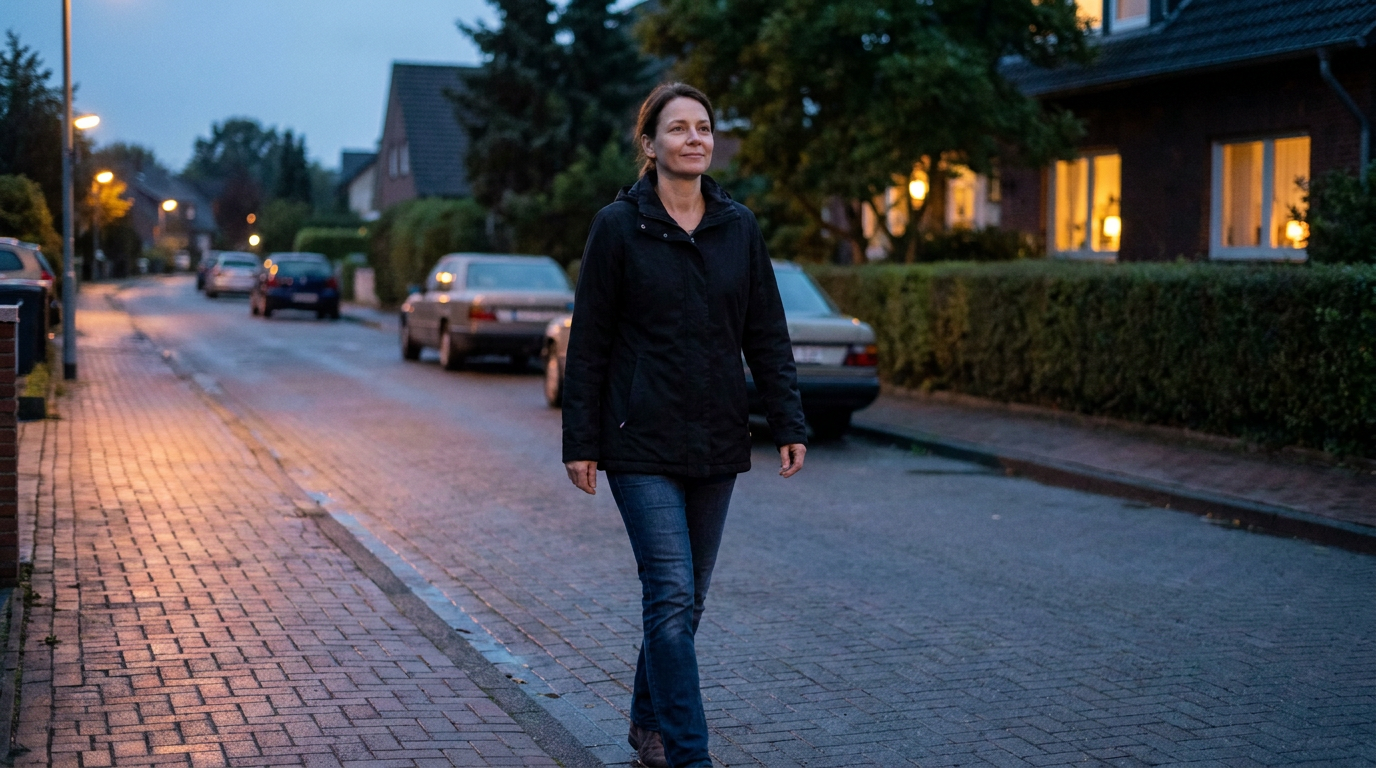 Frau geht abends in der Dämmerung entspannt durch ein Wohnviertel spazieren