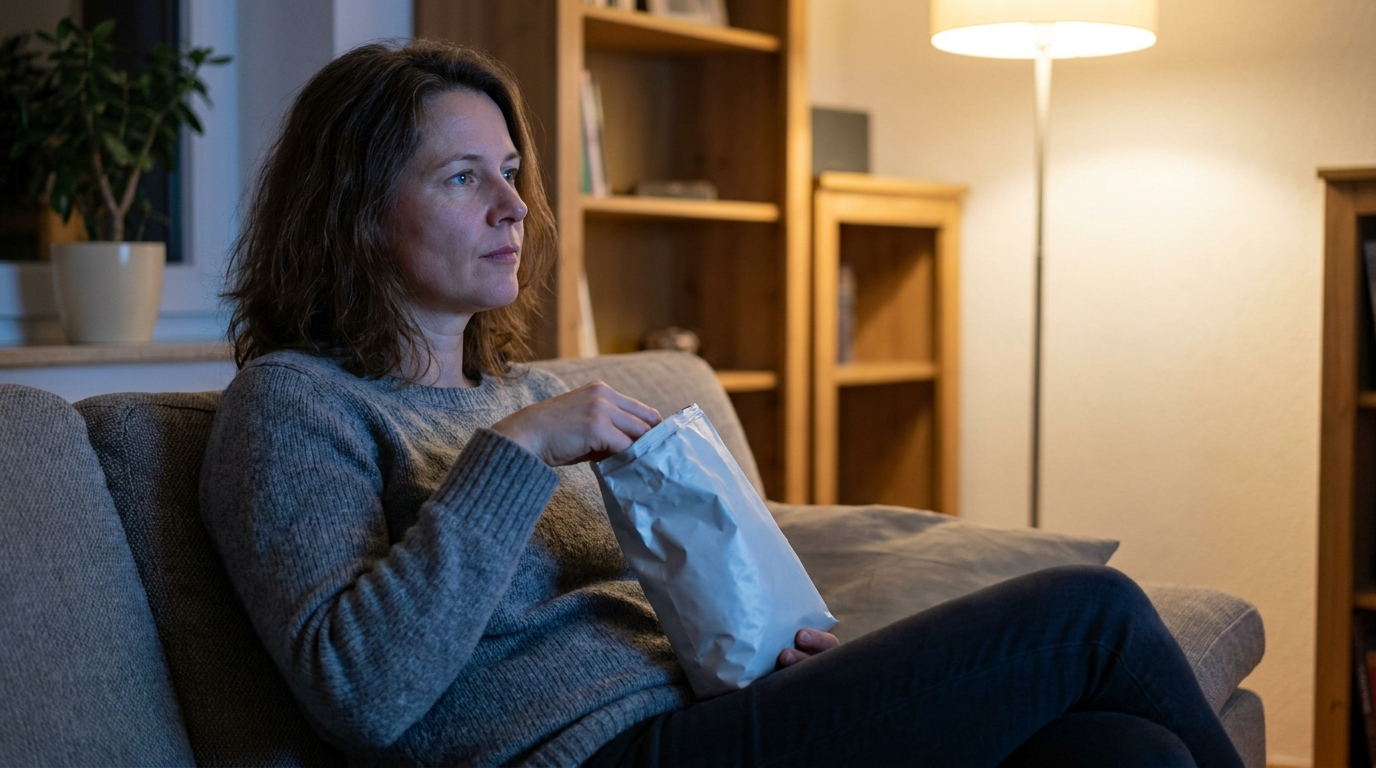 Frau isst abends allein auf dem Sofa gedankenverloren aus einer Chipstüte