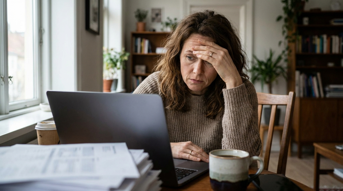 Angespannte Frau am Schreibtisch im Homeoffice mit Laptop, Unterlagen und kaltem Kaffee