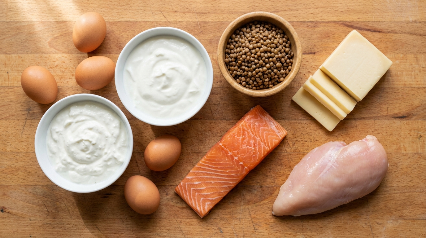 Küchenarbeitsplatte von oben mit Quark, Skyr, Eiern, Linsen, Lachs, Käse und Hähnchenbrust