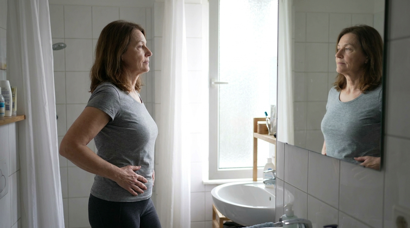 Frau Ende 40 steht seitlich vor dem Badezimmerspiegel und betrachtet nachdenklich ihre Körpermitte