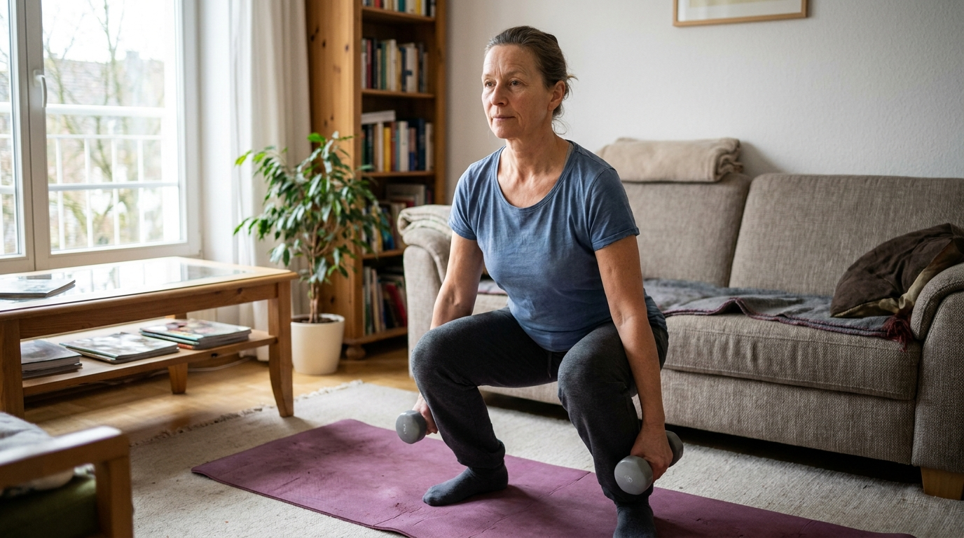 Frau um die 50 macht im Wohnzimmer eine Kniebeuge mit zwei leichten Kurzhanteln