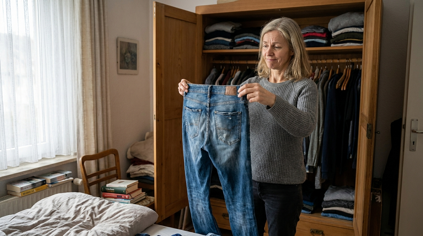 Schlanke Frau Anfang 50 steht vor dem Kleiderschrank und hält ratlos eine Jeans in den Händen