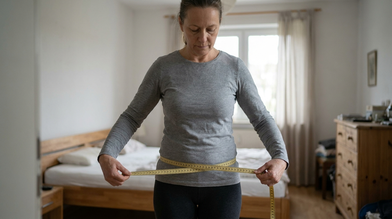 Frau um die 50 misst im Schlafzimmer mit einem Maßband ihren Hüftumfang