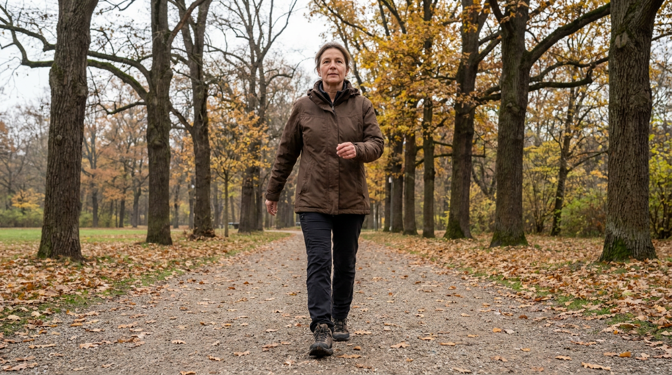 Frau um die 55 geht zügig durch eine herbstliche Allee, aufrechte Haltung und Alltagskleidung