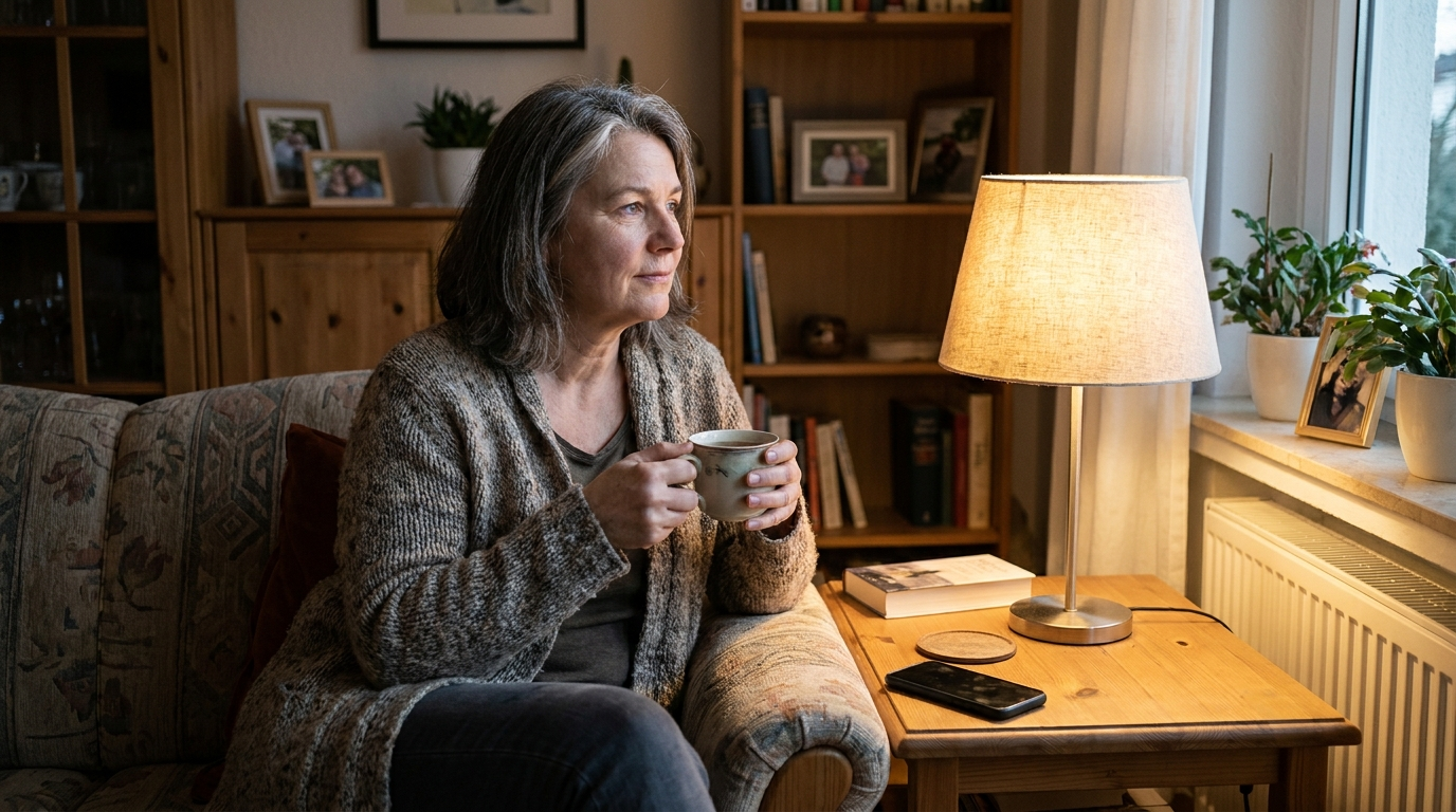 Frau um die 50 sitzt abends mit einer Tasse Tee auf dem Sofa, das Handy liegt weggelegt auf dem Beistelltisch