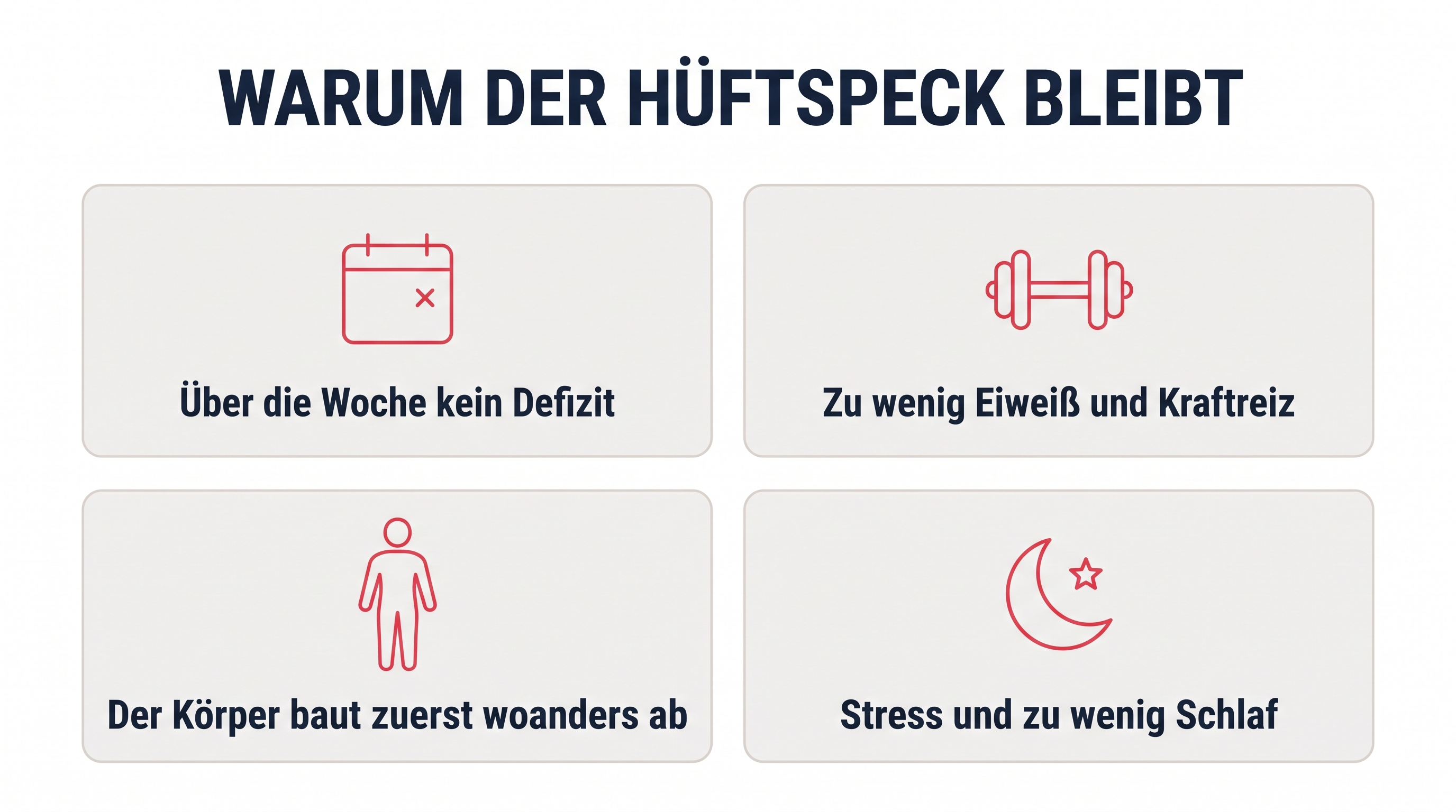 Grafik mit vier Gründen, warum der Hüftspeck bleibt: kein Defizit über die Woche, zu wenig Eiweiß und Kraftreiz, Abbau zuerst an anderen Stellen, Stress und zu wenig Schlaf