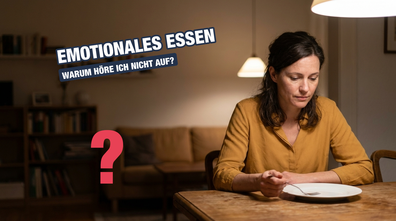 Frau Ende 30 sitzt abends am Esstisch vor einem leeren Teller und schaut nachdenklich darauf. Schräg im Bild der Schriftzug Emotionales Essen und die Frage Warum höre ich nicht auf?