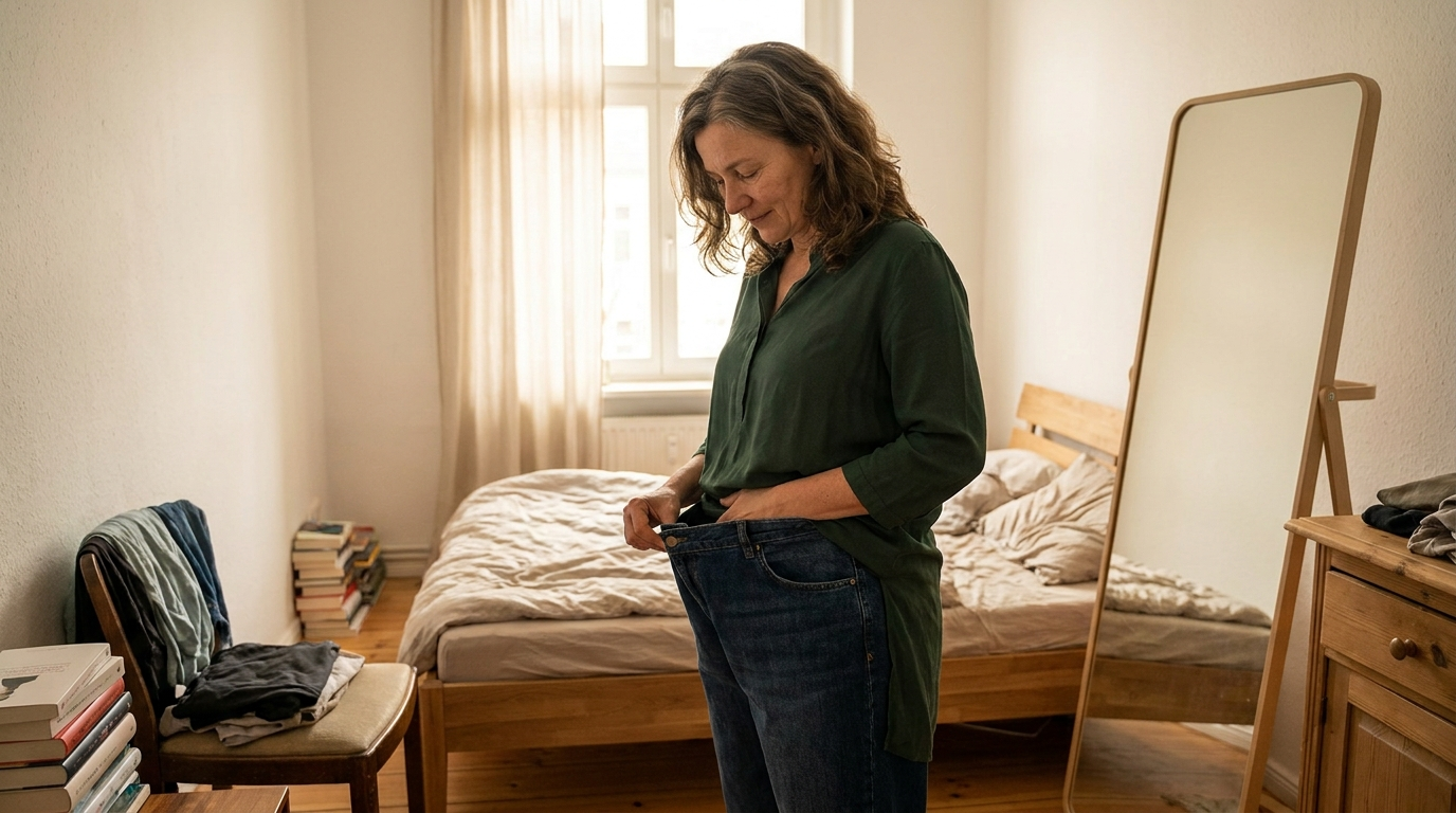 Frau um die 52 steht vor dem Spiegel und hält den Bund einer zu weiten Jeans vom Bauch weg