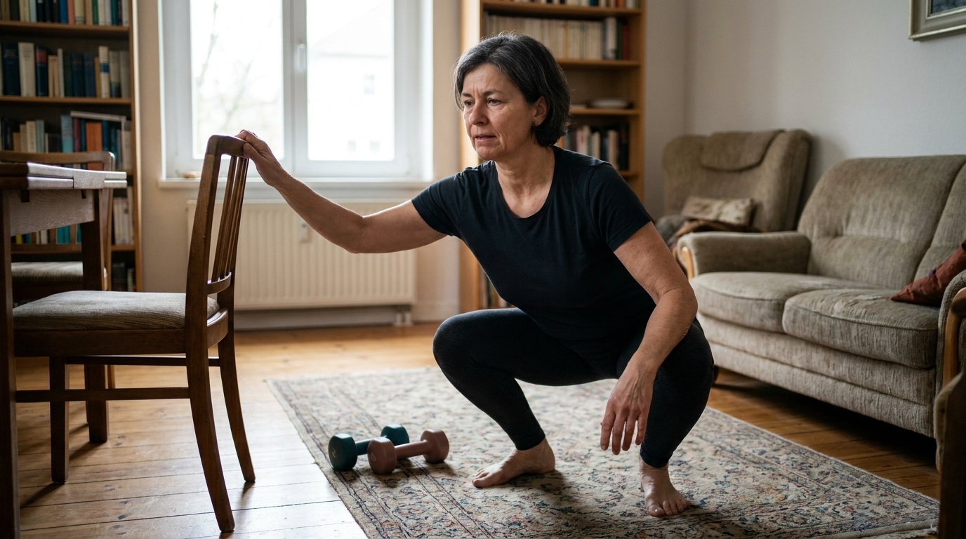 Frau um die 55 macht im Wohnzimmer eine Kniebeuge und stützt sich dabei an einer Stuhllehne ab
