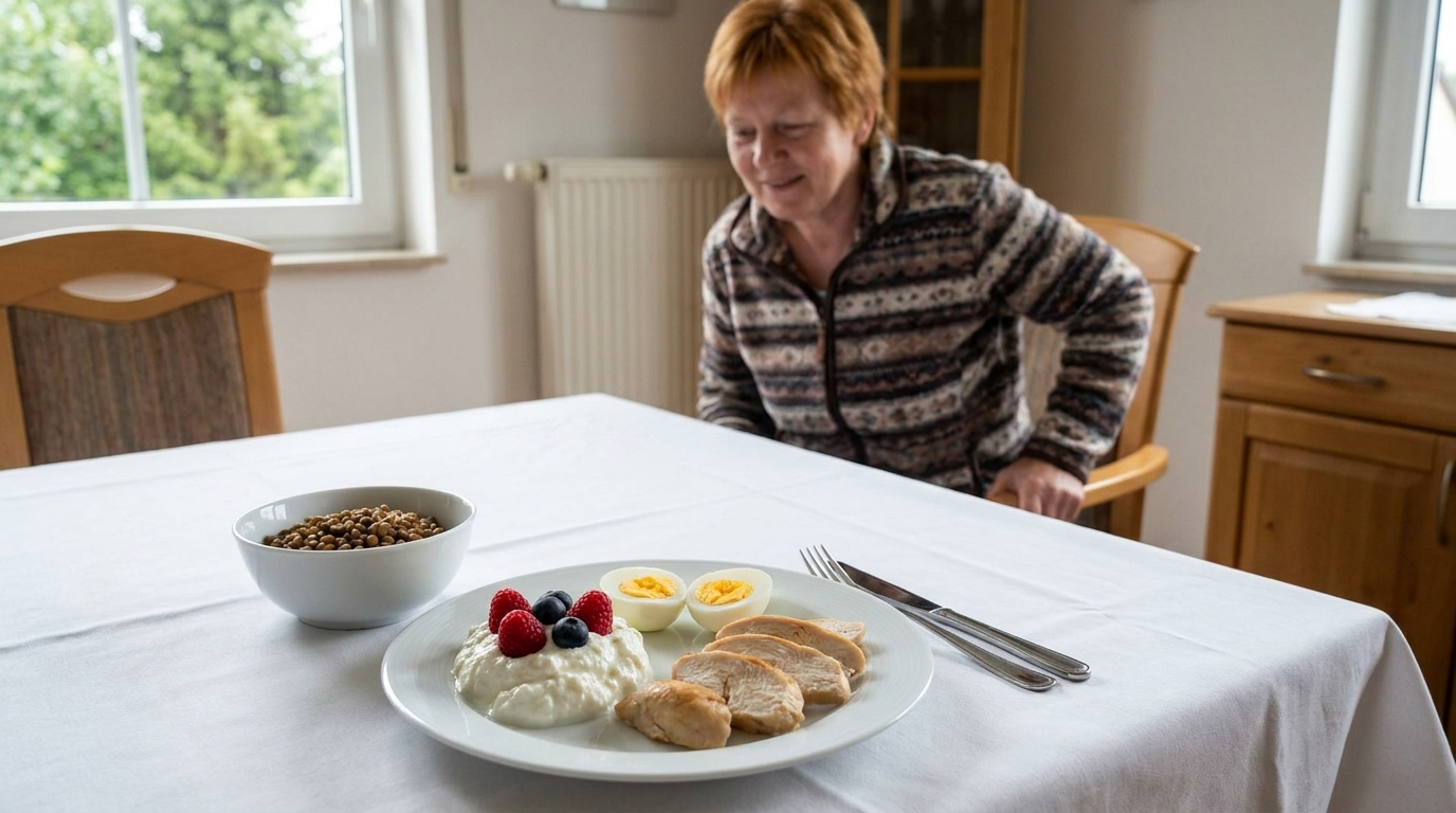 Teller mit Magerquark, gekochten Eiern, Hähnchenbrust und Linsen auf einem gedeckten Esstisch