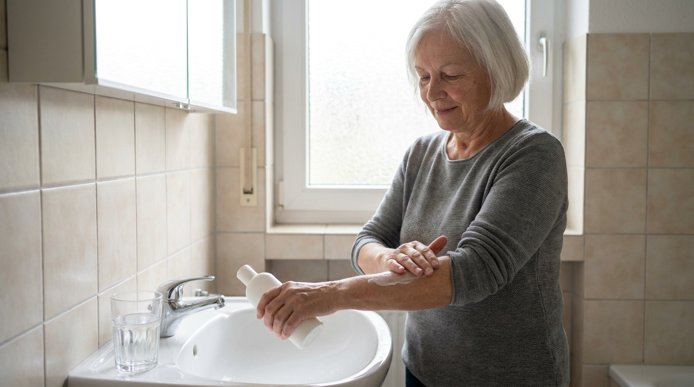 Frau um die 62 cremt sich am Waschtisch in Ruhe den Unterarm mit Bodylotion ein