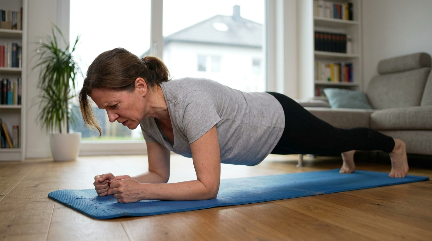 Frau um die 45 hält auf einer Yogamatte im Wohnzimmer den Unterarmstütz