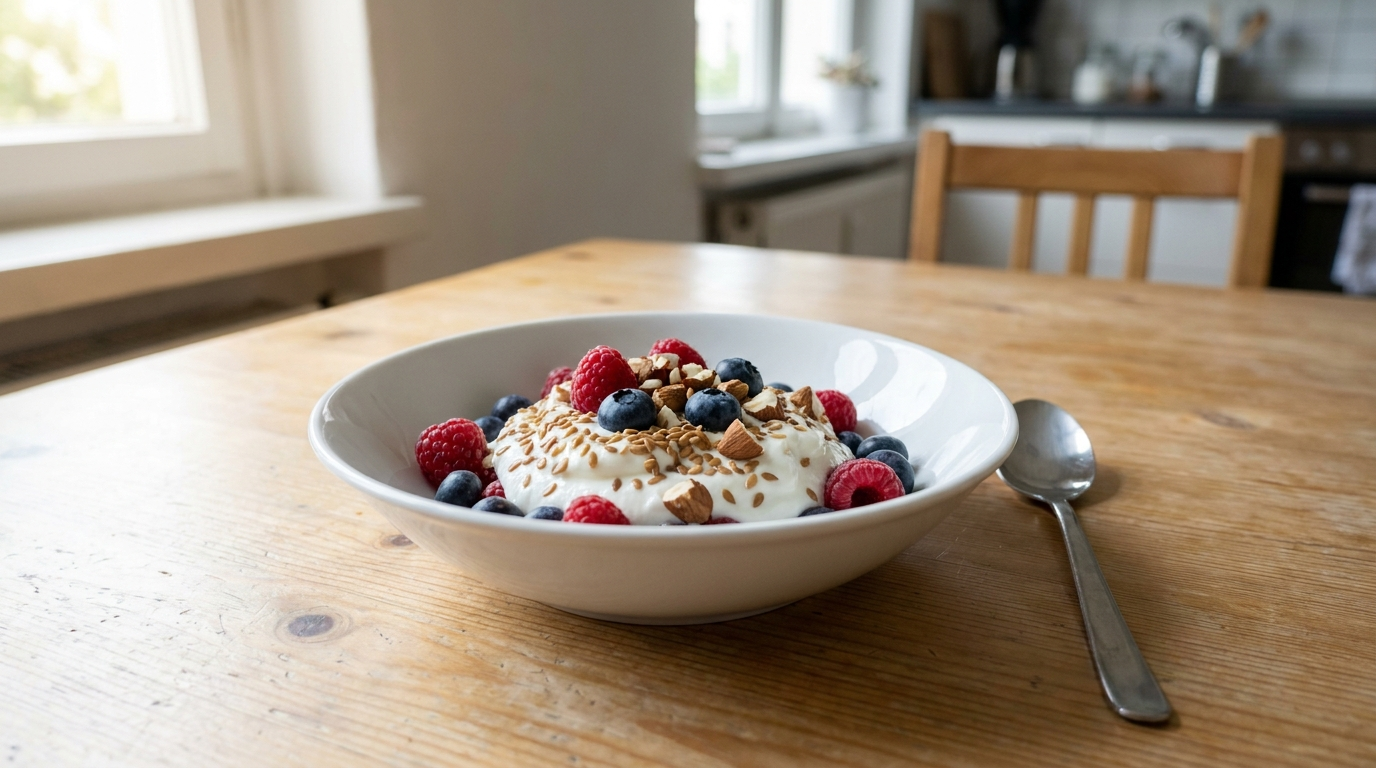 Schale mit Magerquark, Beeren, Leinsamen und gehackten Mandeln als eiweißreiches Frühstück