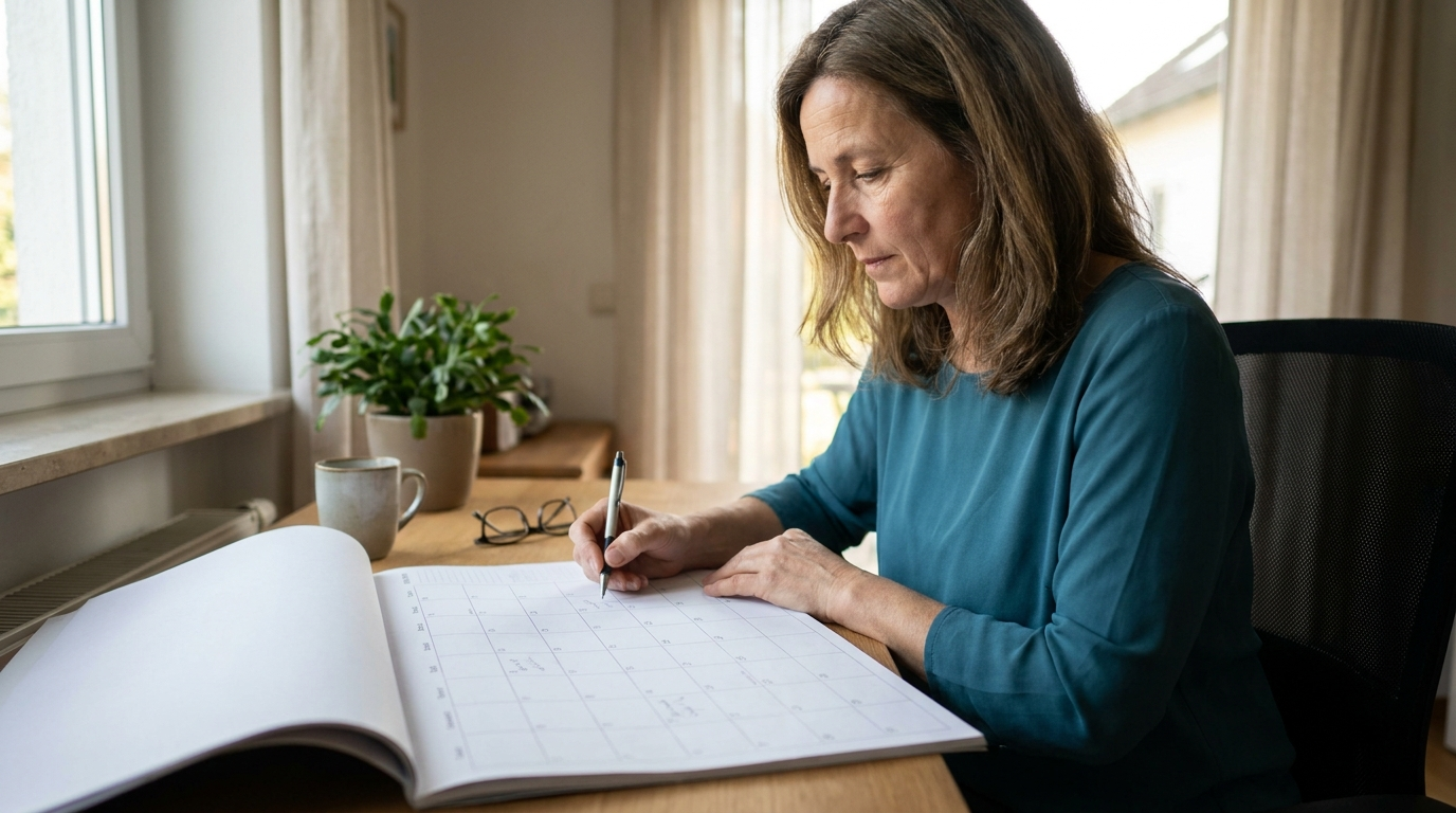 Frau um die 55 notiert sich im Kalender feste Termine für Spaziergänge und Krafttraining