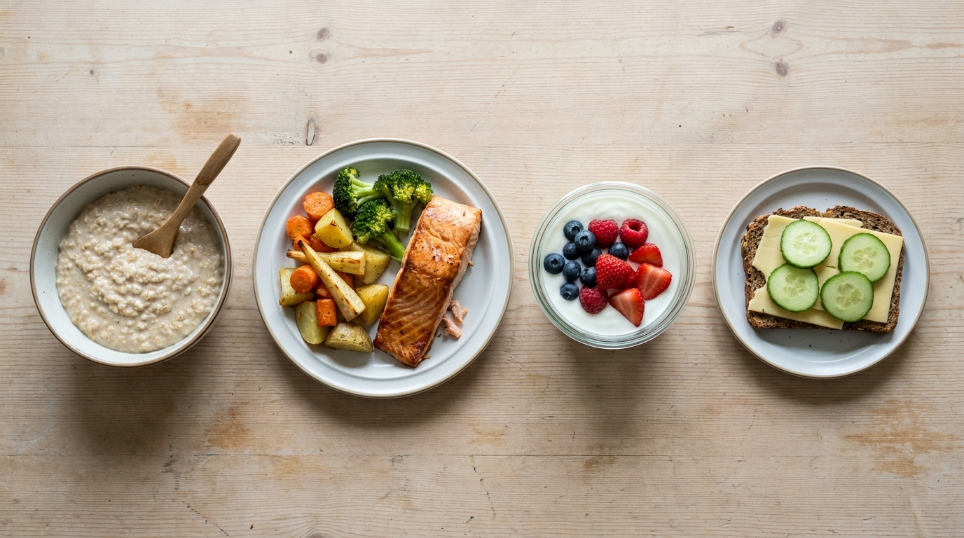 Vier Mahlzeiten eines Tages nebeneinander angerichtet: Porridge, Ofengemüse mit Lachs, Joghurt mit Obst und belegtes Vollkornbrot