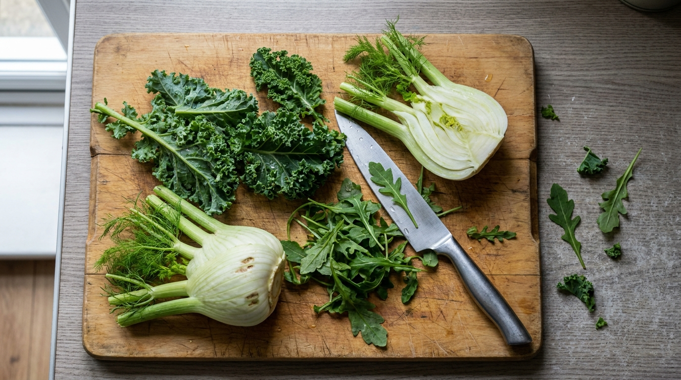 Küchenbrett mit zwei Handvoll frischem Grünkohl, Fenchel und Rucola, daneben ein Küchenmesser