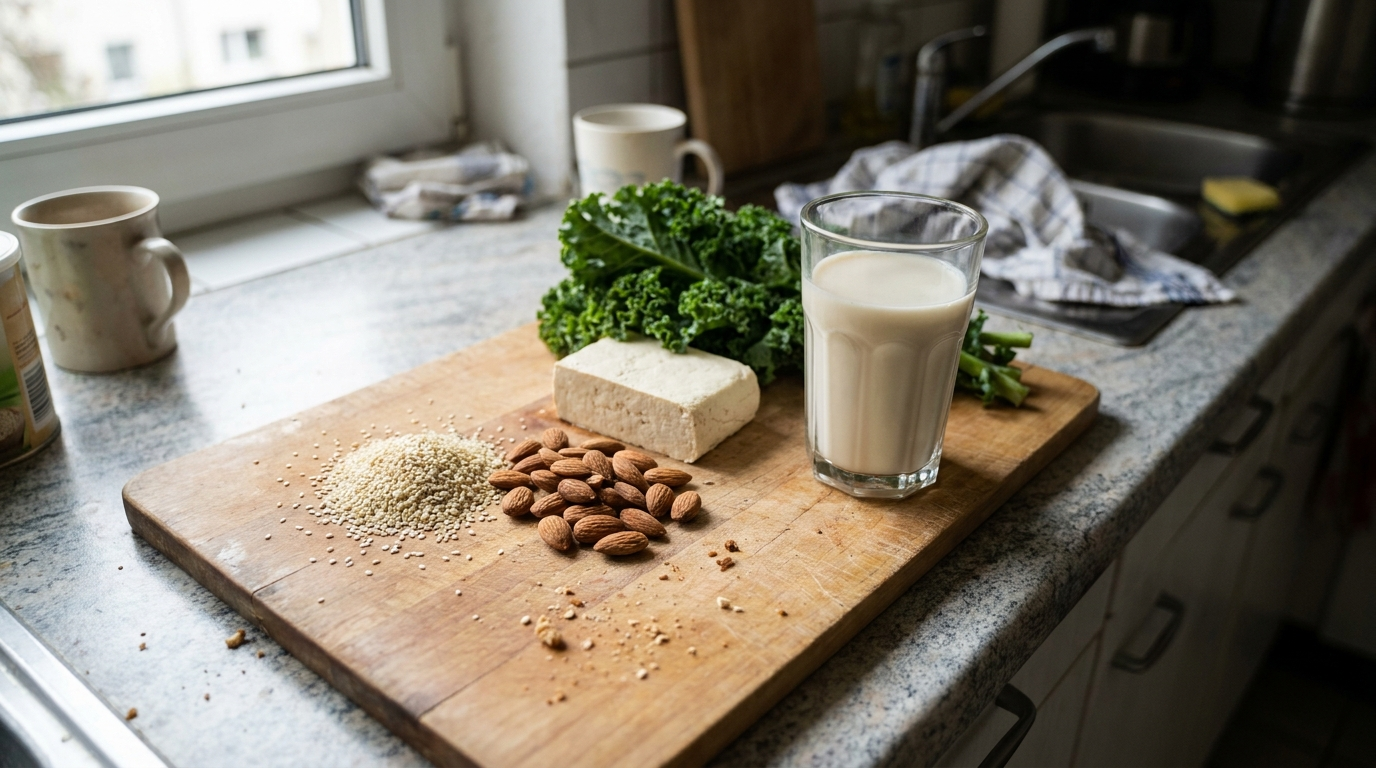 Pflanzliche Quellen für den Knochenbaustoff nebeneinander: Sesam, Mandeln, Tofu, Blattkohl und ein angereicherter Pflanzendrink