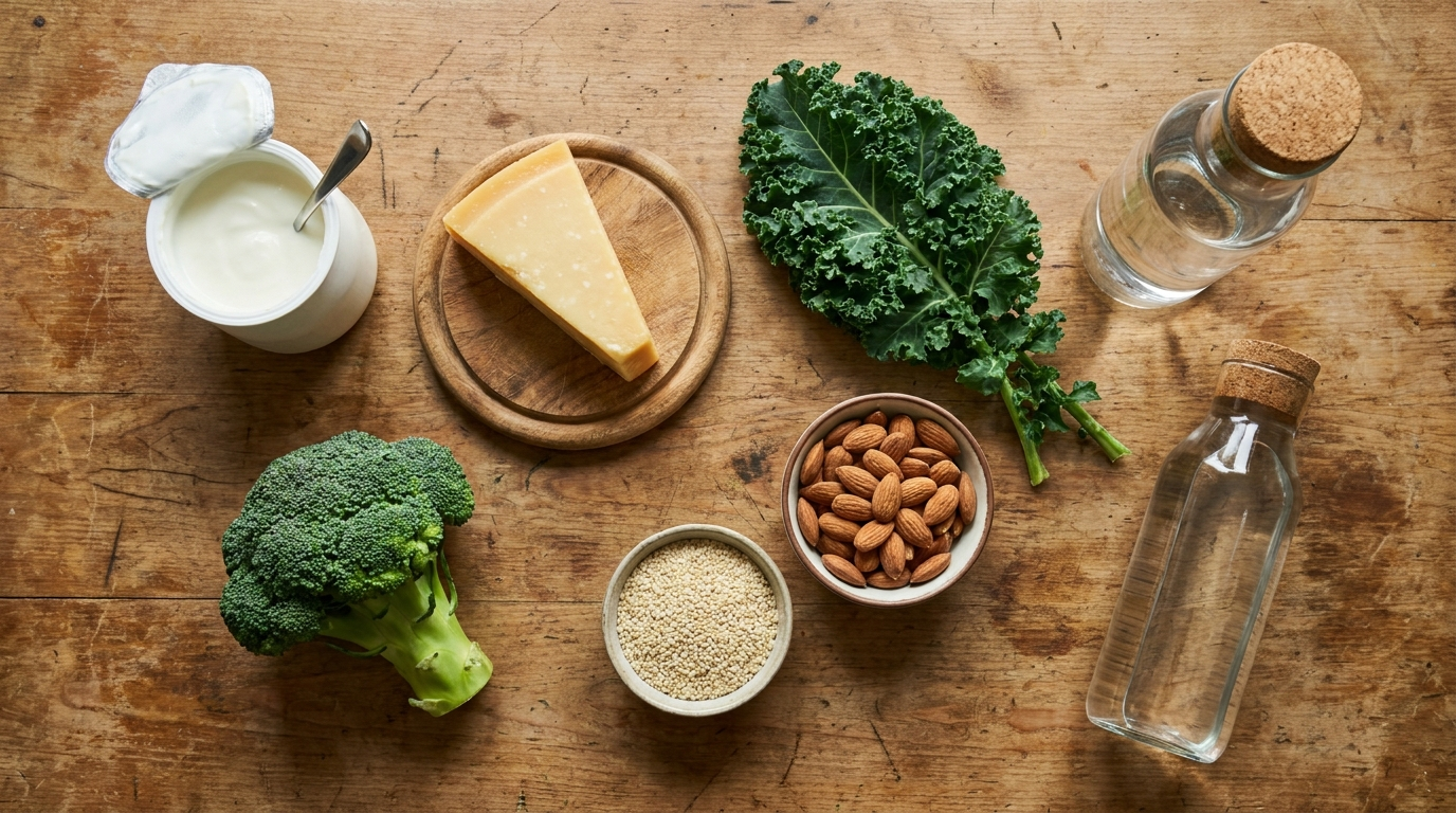Holztisch mit knochenfreundlichen Lebensmitteln: Joghurt, Käse, Grünkohl, Brokkoli, Mandeln, Sesam und eine Wasserflasche