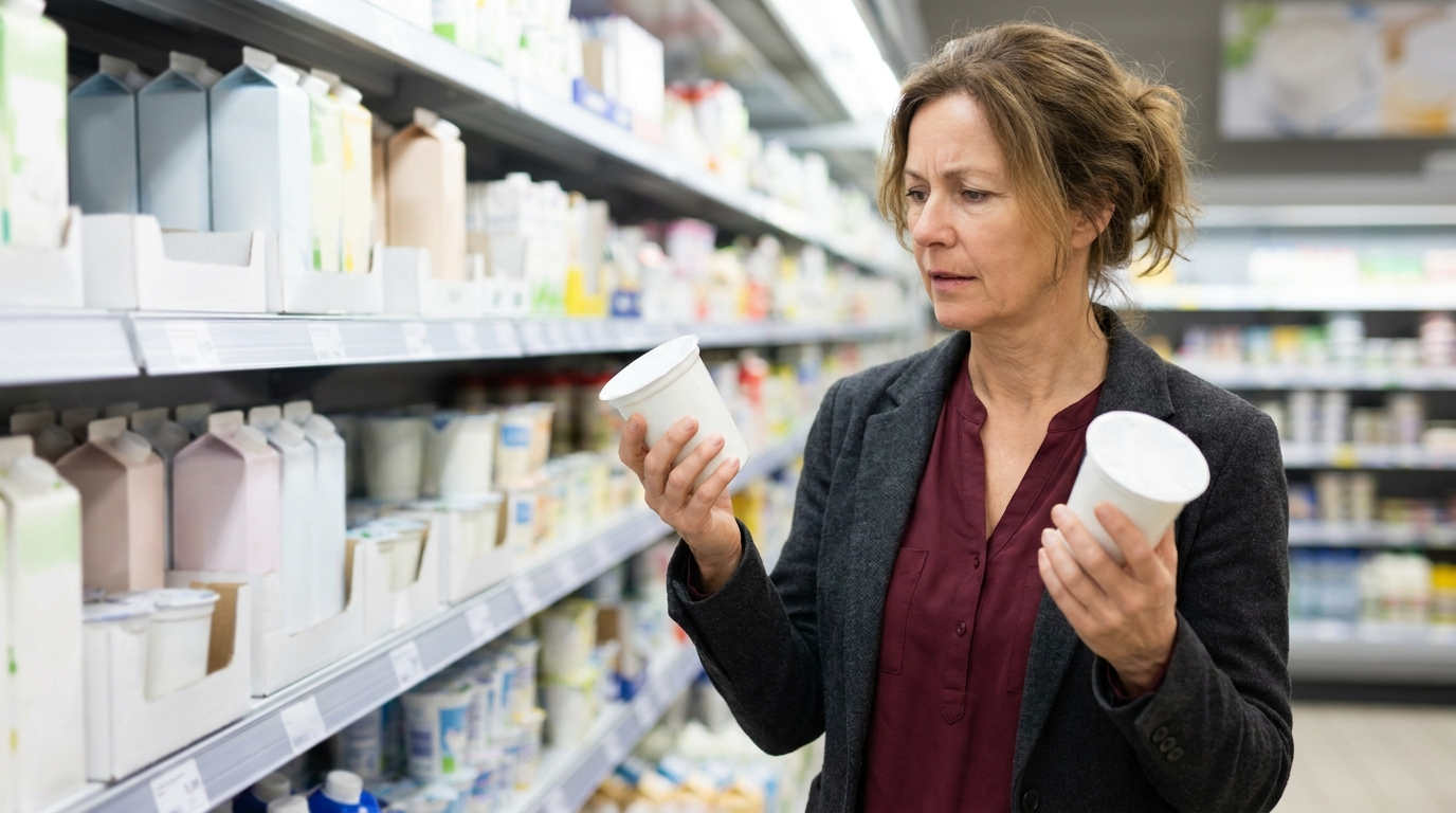 Frau um die 58 steht unentschlossen vor dem Milchregal im Supermarkt und hält zwei Joghurtbecher in den Händen