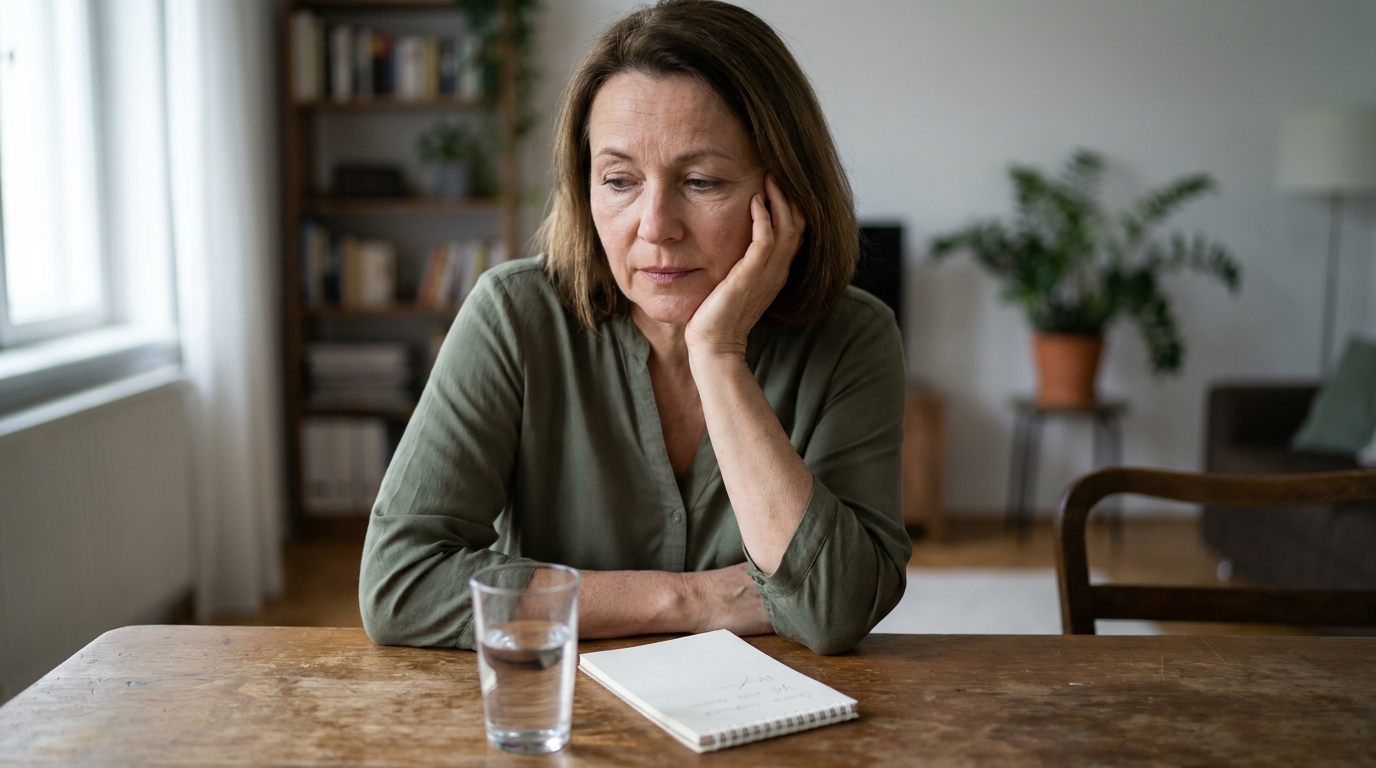 Frau um die 48 sitzt nachdenklich am Esstisch, vor sich ein Notizblock mit Zahlen und ein Glas Wasser