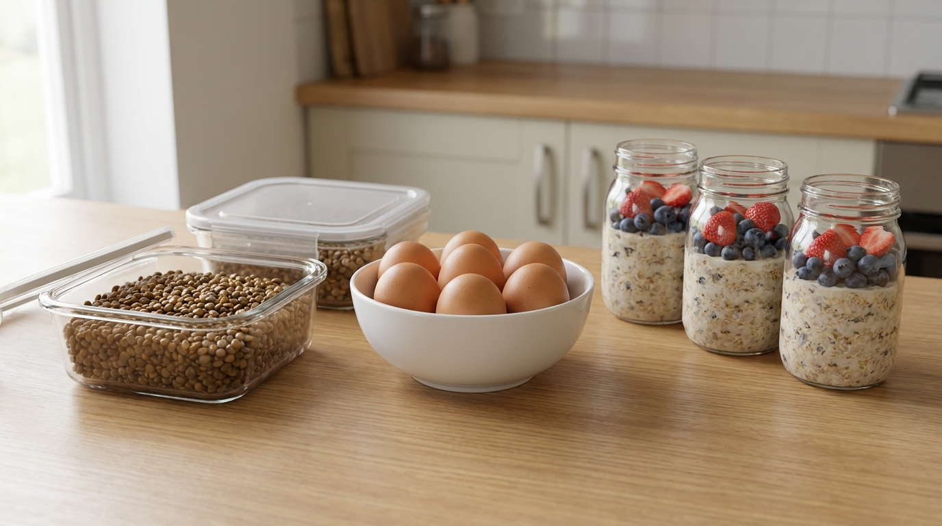 Arbeitsplatte mit vorbereiteten Vorratsdosen voller gekochter Linsen, einer Schale hartgekochter Eier und drei Gläsern Overnight Oats
