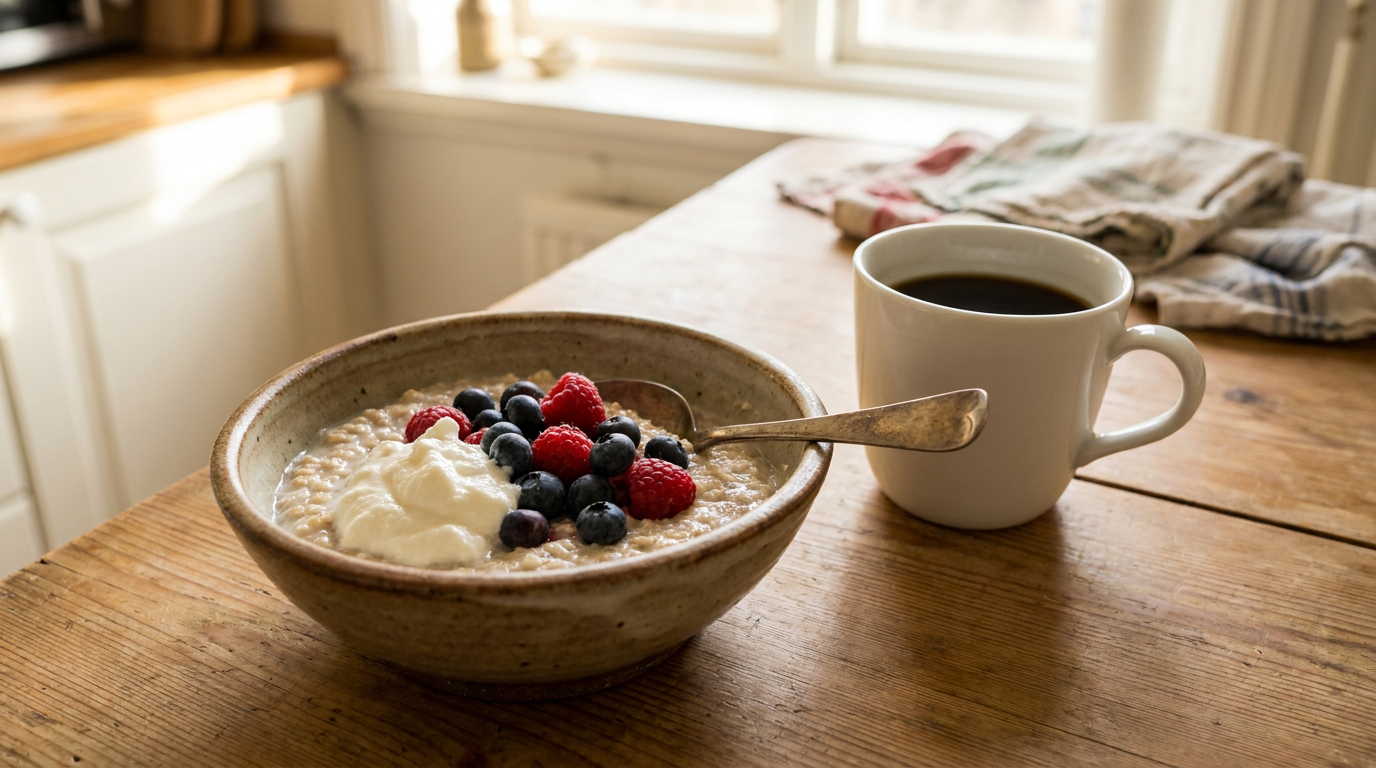 Schale Porridge mit Beeren und einem Löffel Quark auf einem Küchentisch im Morgenlicht