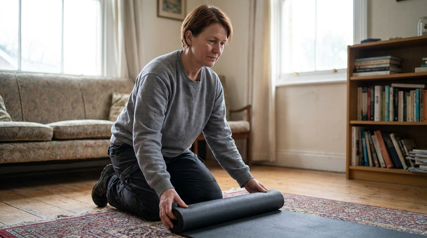 Frau um die 52 rollt im Wohnzimmer bei Morgenlicht eine Gymnastikmatte aus