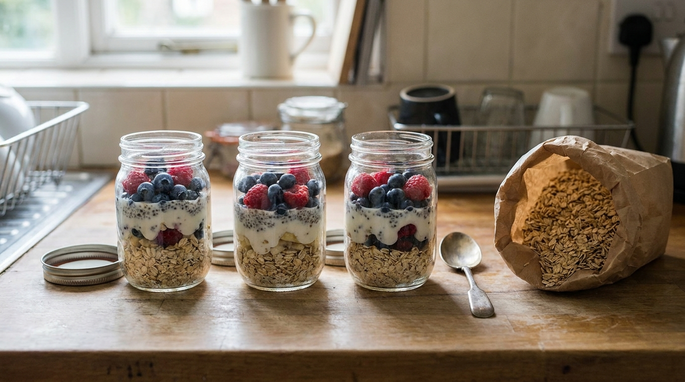 Drei Schraubgläser mit Overnight Oats und Beeren auf einer Küchenarbeitsplatte