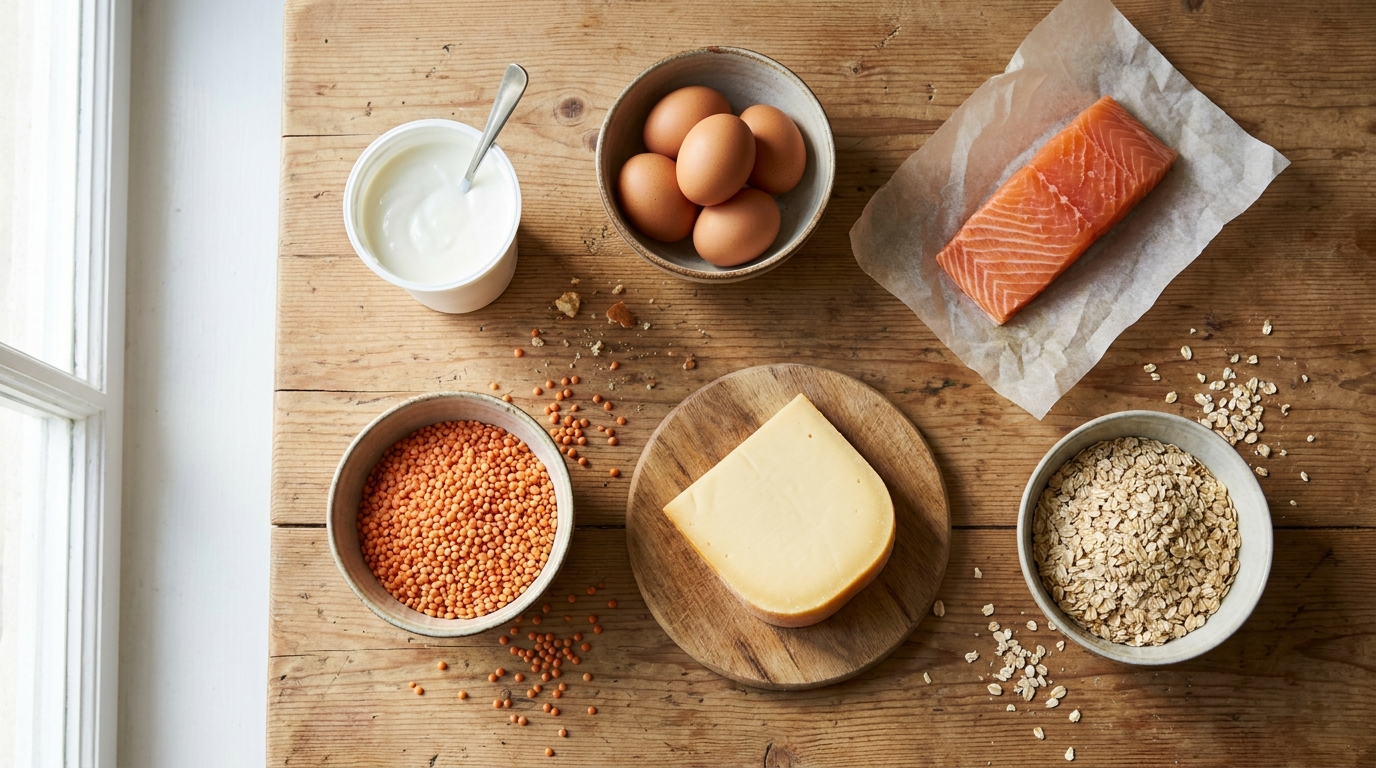 Holztisch von oben mit Magerquark, Eiern, rohem Lachsfilet, roten Linsen, Gouda und Haferflocken
