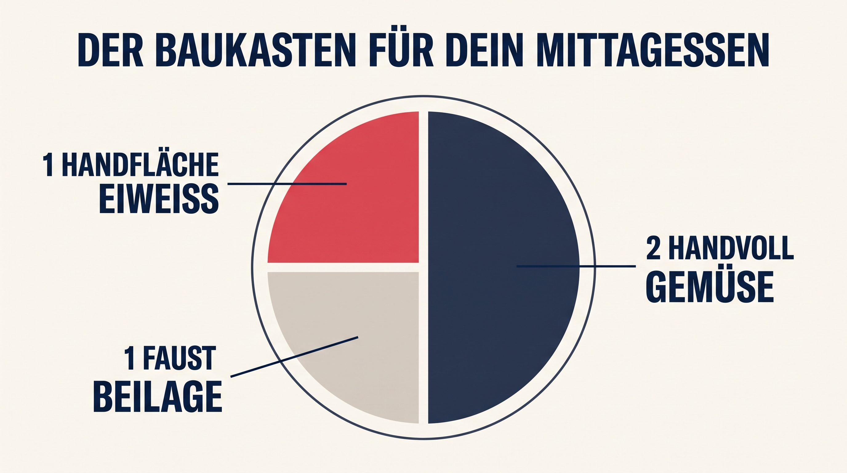 Grafik zeigt den Baukasten für das Mittagessen: eine Handfläche Eiweiß, zwei Handvoll Gemüse, eine Faust Beilage auf einem Teller