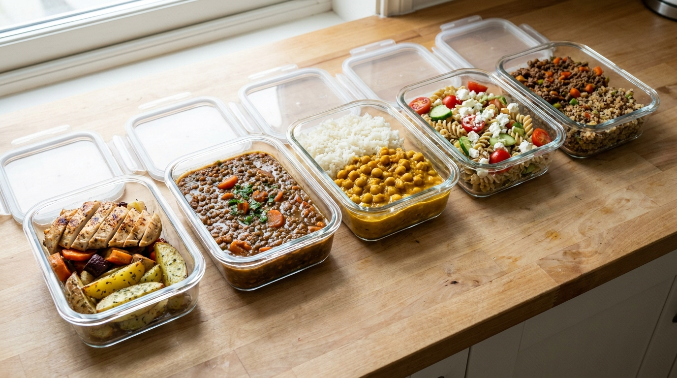 Fünf Glasboxen nebeneinander mit unterschiedlichen vorgekochten Gerichten wie Ofengemüse, Linseneintopf, Curry, Nudelsalat und Hackpfanne