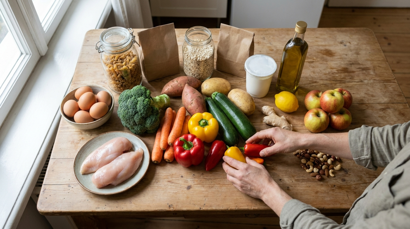 Wocheneinkauf für Meal Prep auf einem Küchentisch, sortiert nach Eiweiß, Gemüse, Beilagen, Gewürzen und Obst
