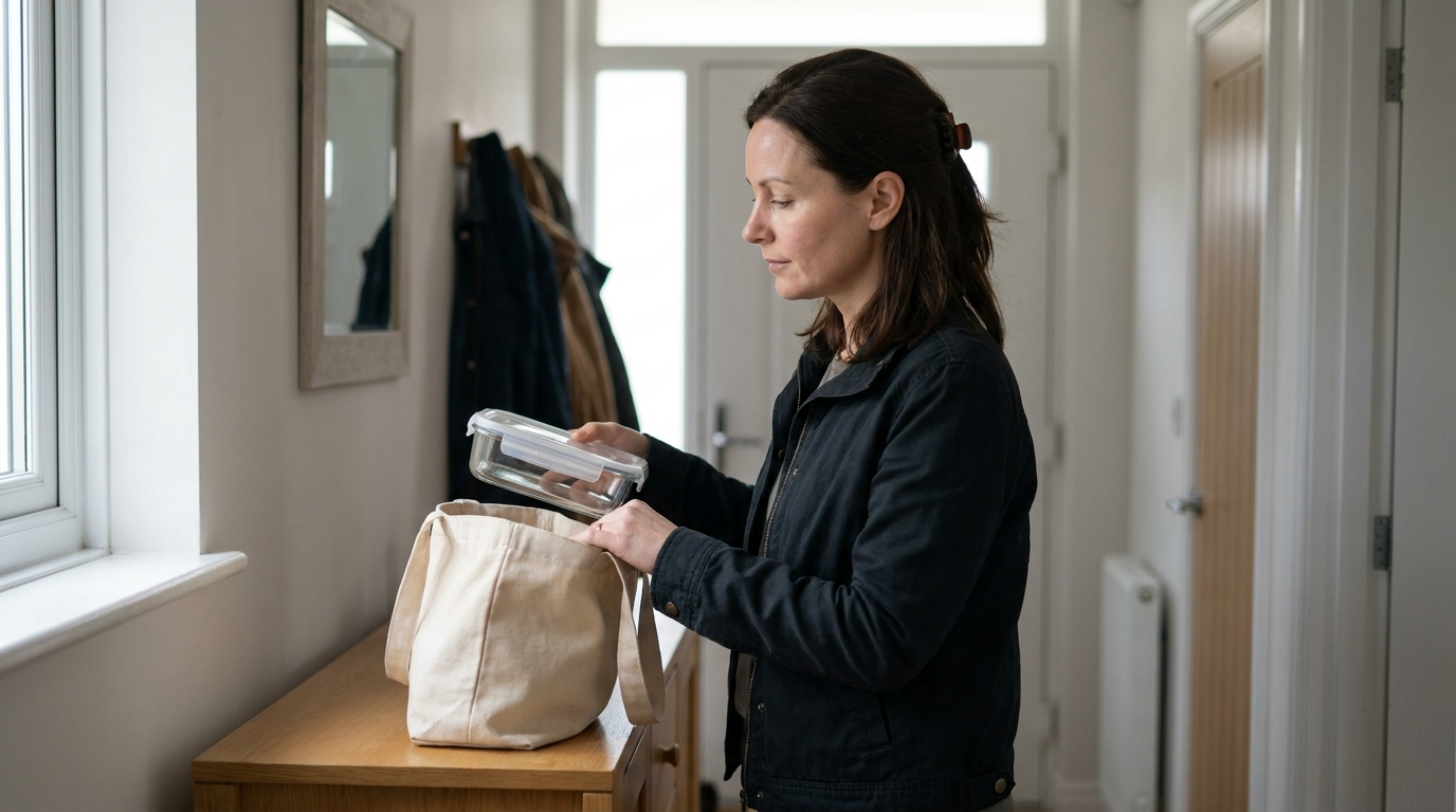 Frau packt morgens im Flur eine vorbereitete Essensbox in ihre Arbeitstasche, Jacke schon angezogen