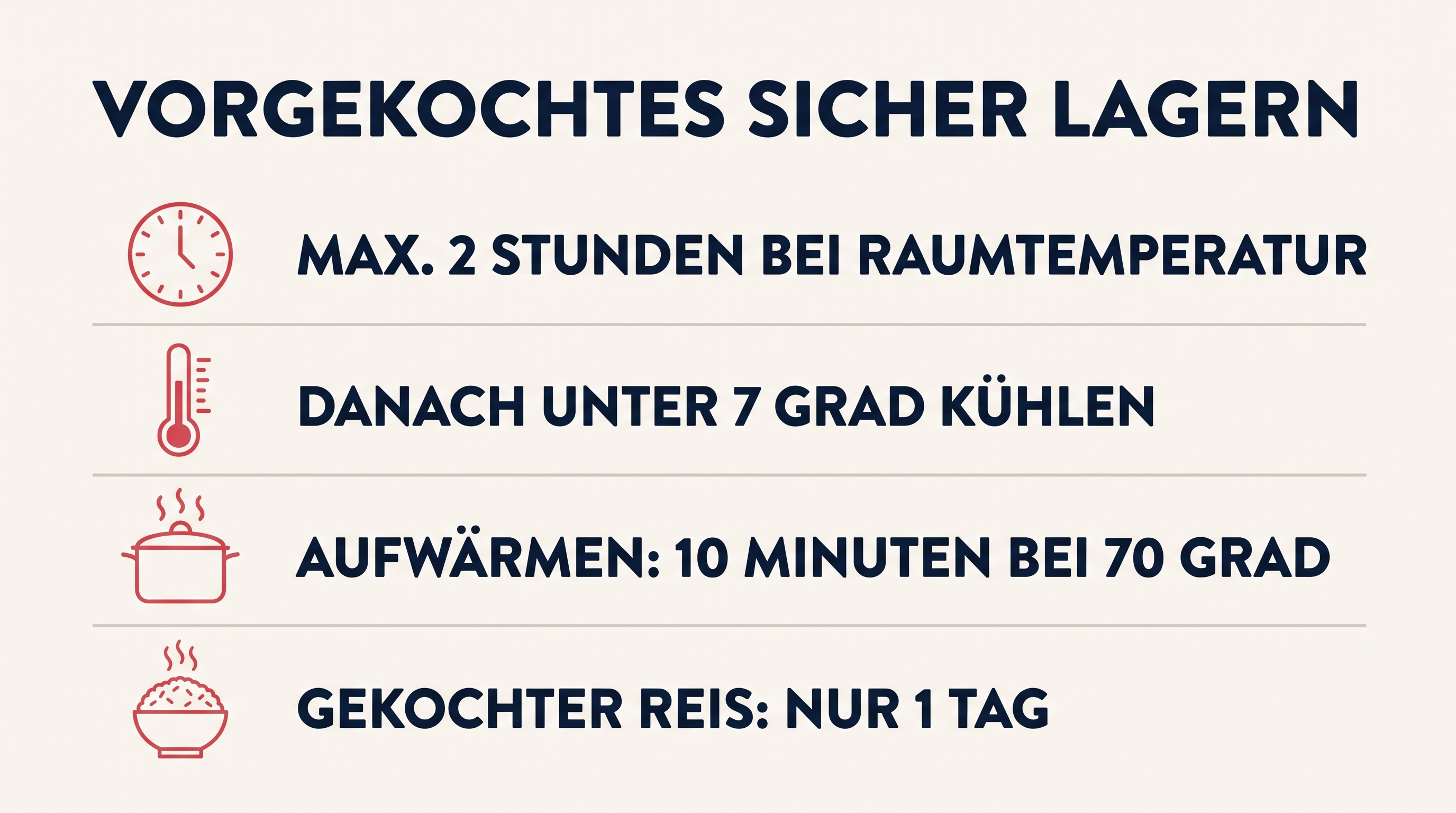 Grafik mit vier Merkregeln zum sicheren Lagern von vorgekochtem Essen: maximal zwei Stunden bei Raumtemperatur, unter sieben Grad kühlen, zehn Minuten bei 70 Grad aufwärmen, gekochter Reis nur einen Tag