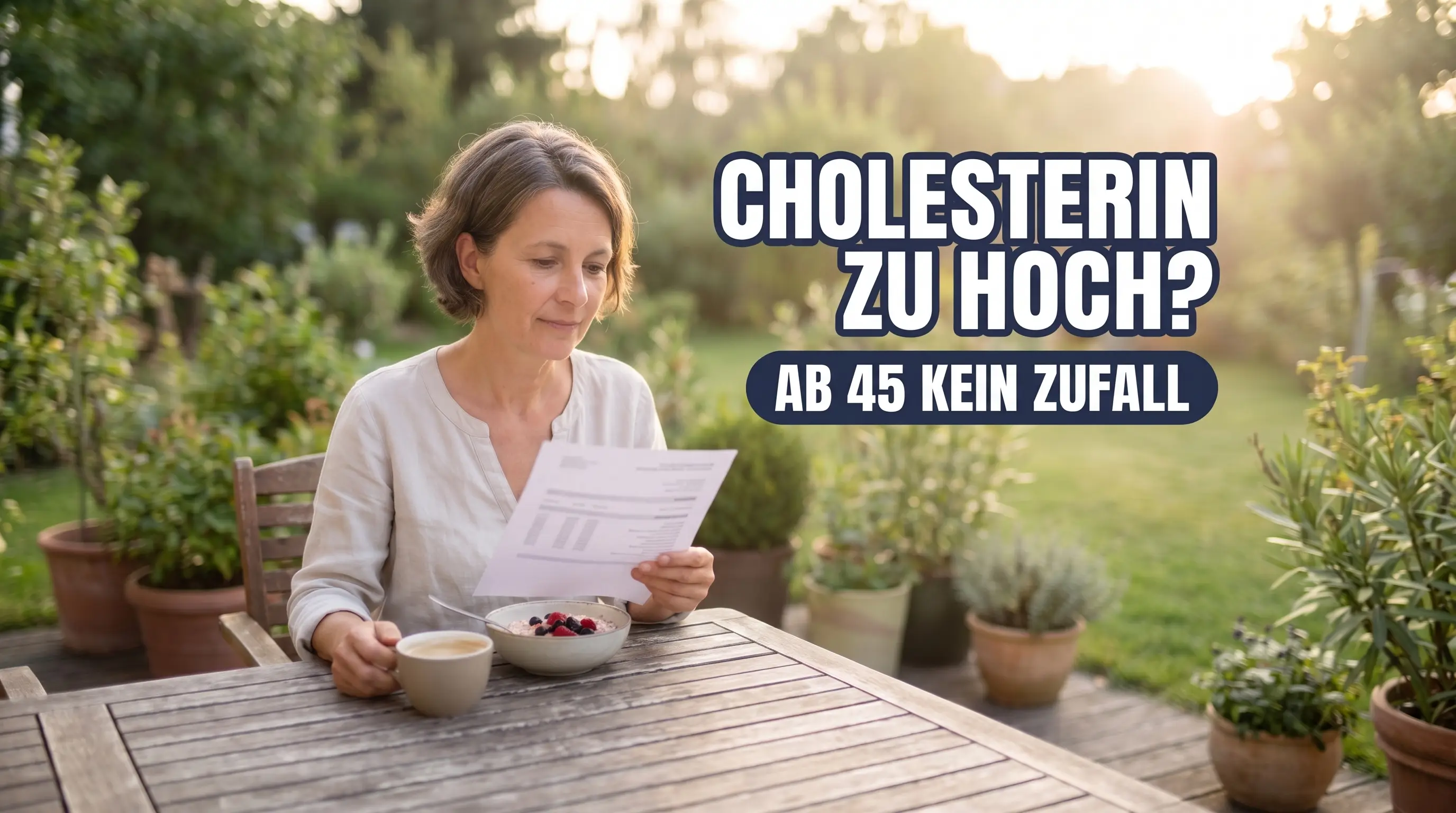 Frau um die 52 liest am Gartentisch beim Frühstück einen Laborbefund, daneben der Schriftzug Cholesterin zu hoch