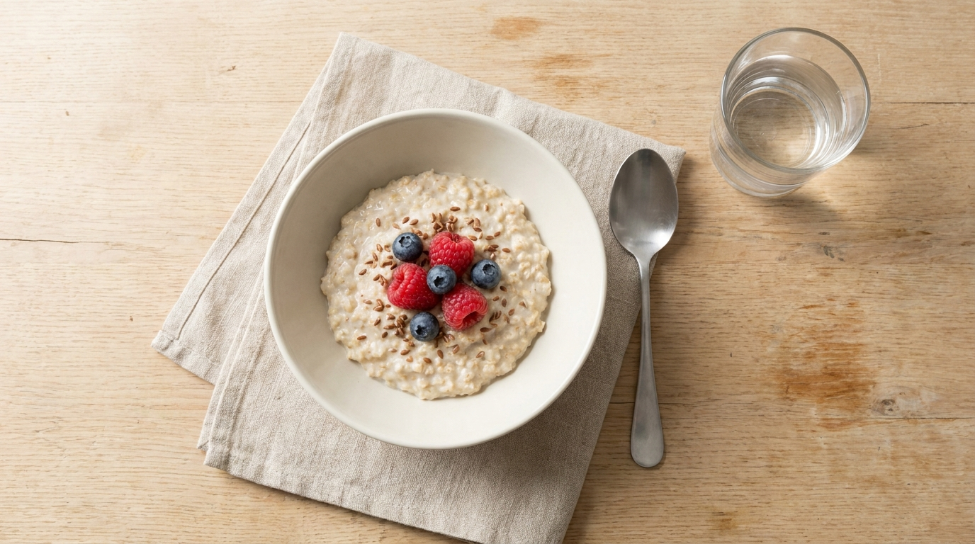 Schale Porridge mit Haferflocken, Himbeeren, Blaubeeren und Leinsamen, daneben ein Löffel und ein Glas Wasser