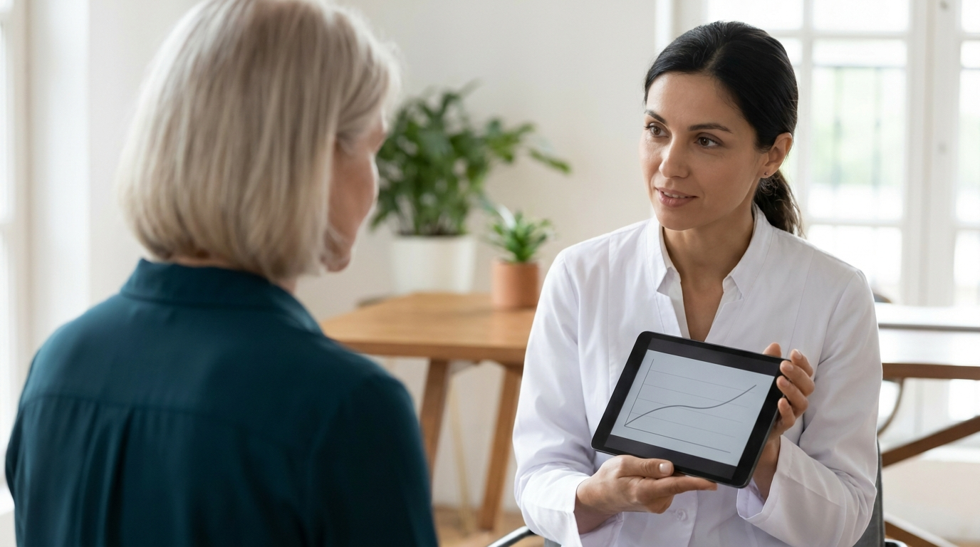 Ärztin zeigt einer Patientin um die 55 auf einem Tablet den Verlauf ihrer Blutwerte, ruhige Praxisatmosphäre