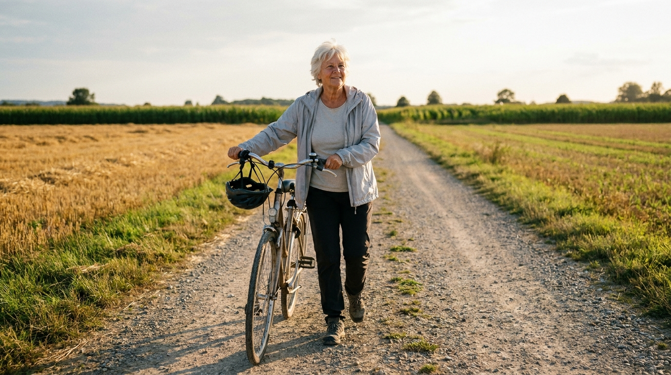 Frau um die 60 schiebt ihr Fahrrad einen Feldweg entlang, Abendlicht, Helm am Lenker