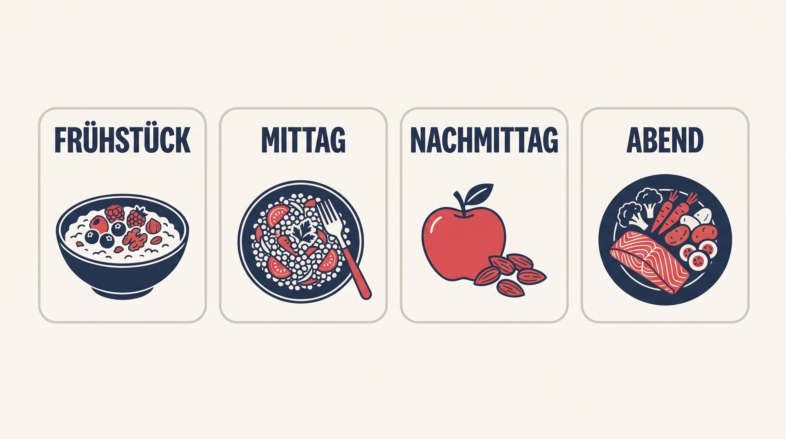 Grafik mit vier Feldern für Frühstück, Mittag, Nachmittag und Abend, in jedem Feld ein Gericht mit Haferflocken, Linsen, Nüssen und Fisch