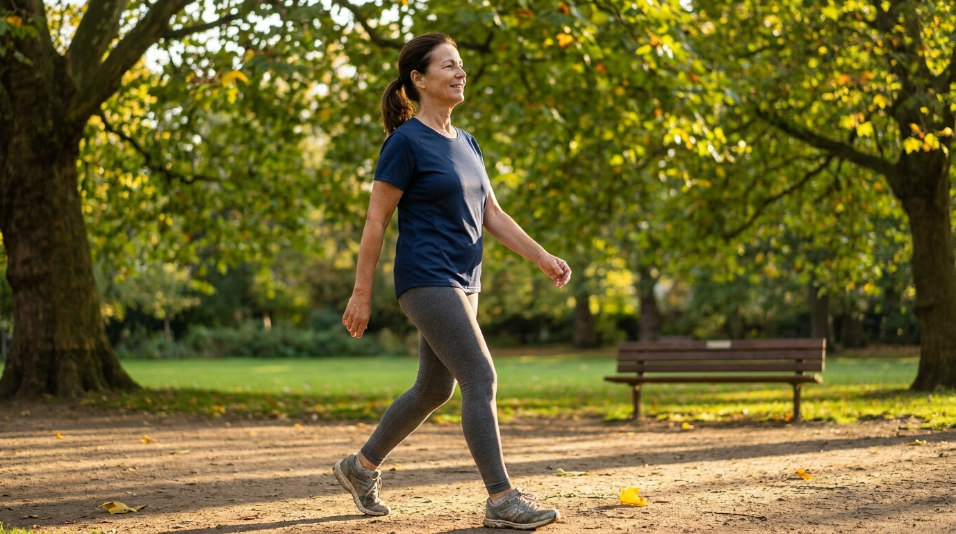 Frau um die 50 geht zügig durch einen Park im Spätsommer, Sportkleidung, entspannter Gesichtsausdruck